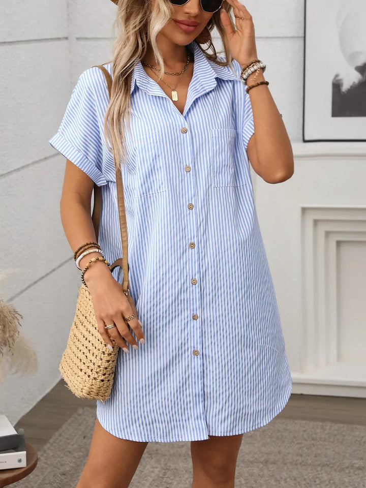 Light Blue Striped button-down short sleeve mini shirt dress