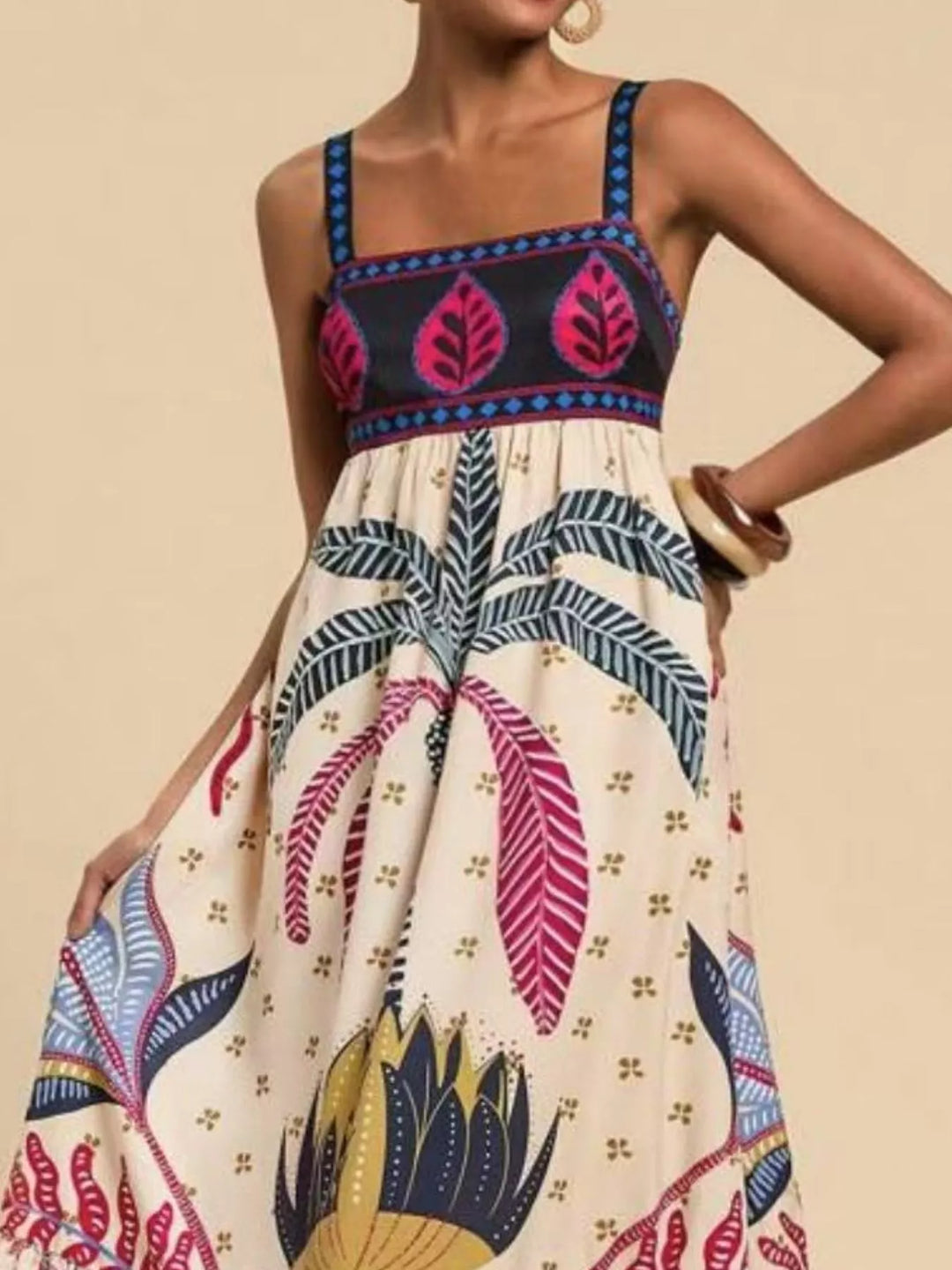 Tropical folk print square neck tiered maxi dress