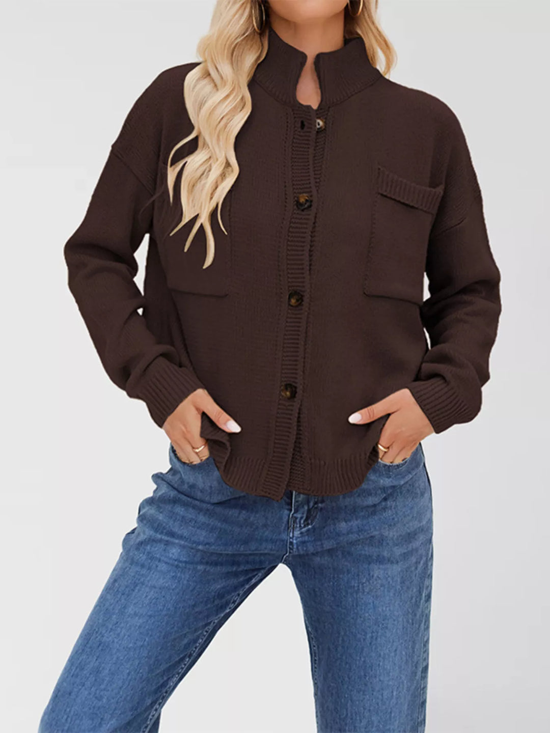 Dropped shoulder button-up knit cardigan with chest pocket