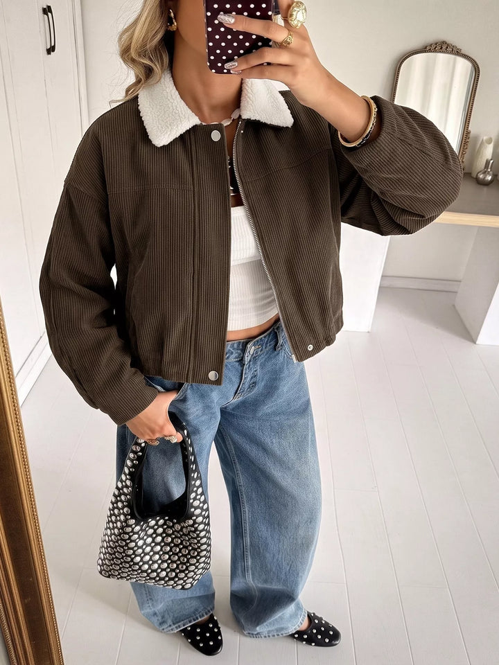 Corduroy zip-up jacket with sherpa collar and snap placket