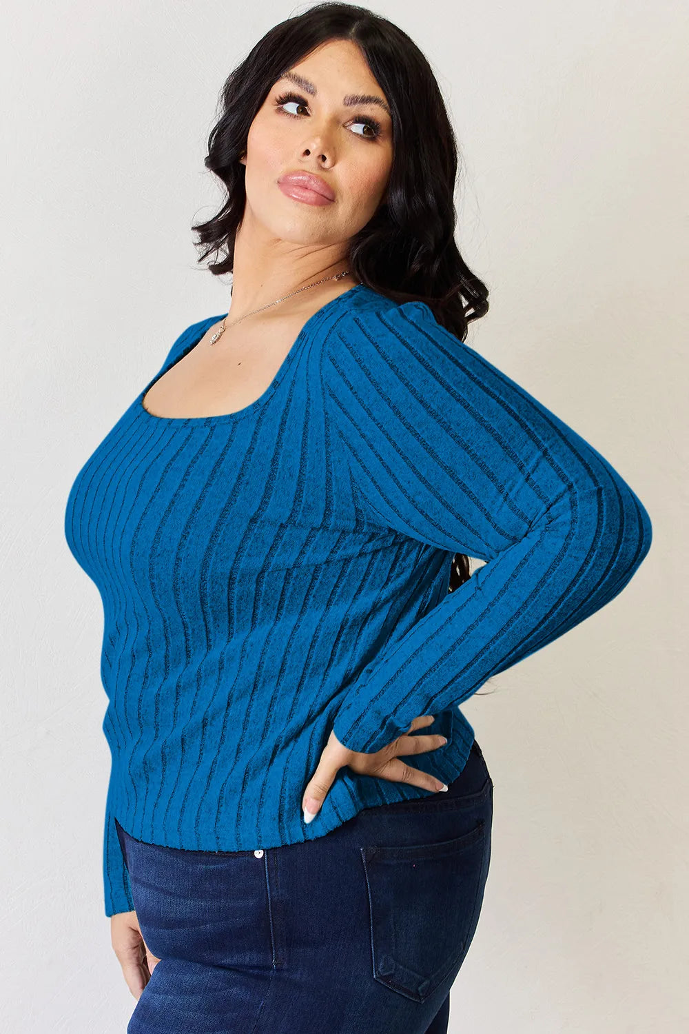 Ribbed scoop neck long sleeve fitted top