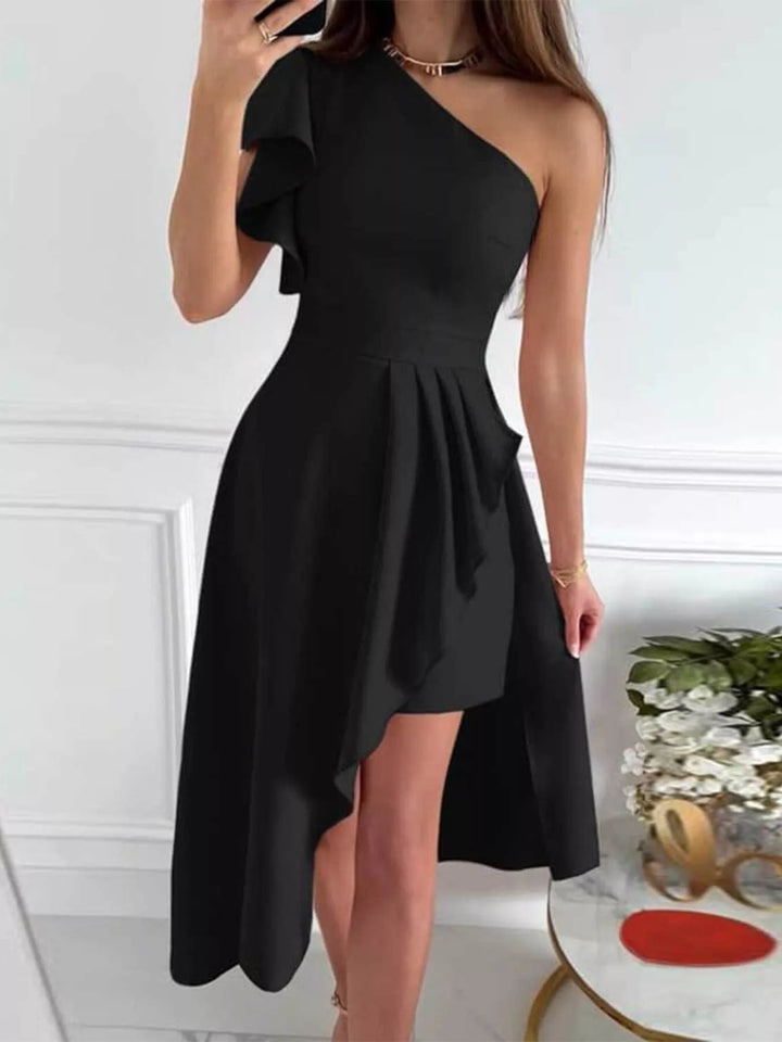 One-shoulder ruffle high-low cocktail dress