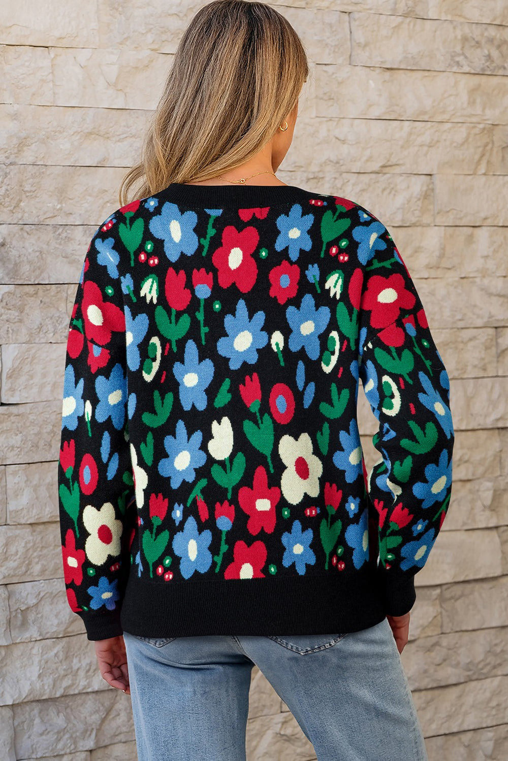 Floral print V-neck button-front knit cardigan - Black