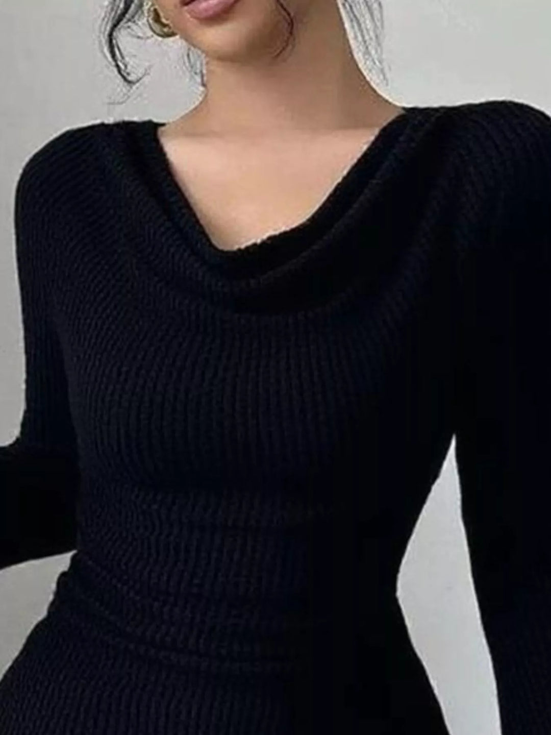 Cowl neck ribbed knit top with flare sleeves