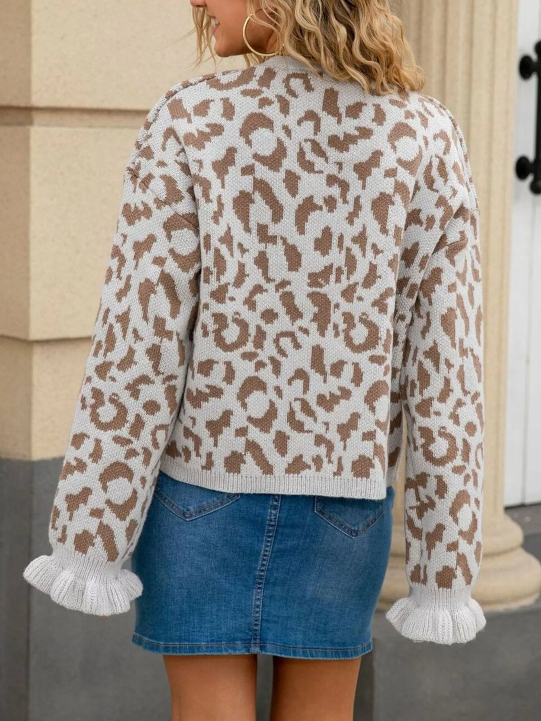 Leopard knit tie-front cardigan with ruffle cuffs