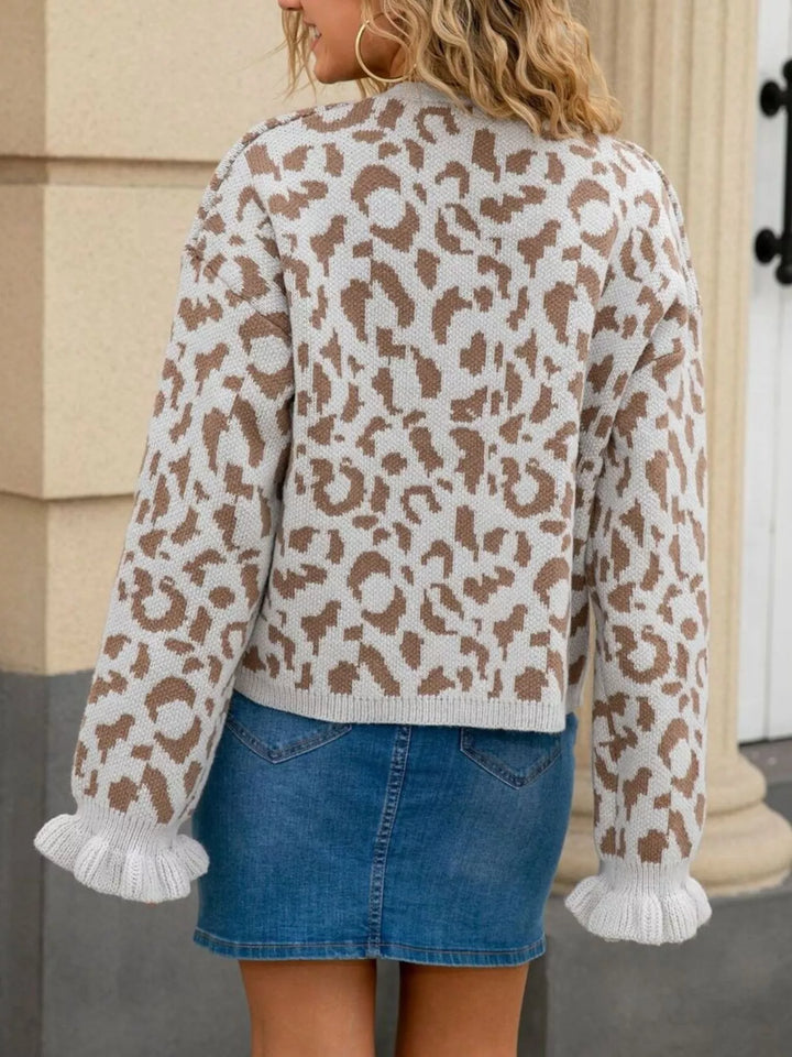 Leopard knit tie-front cardigan with ruffle cuffs