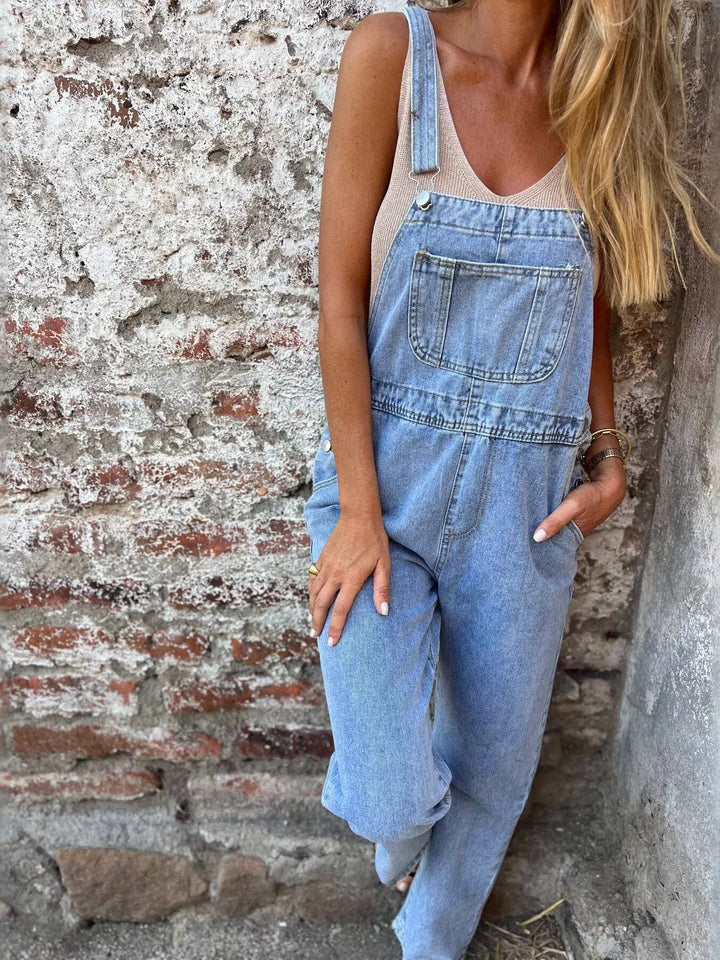 Light Blue Relaxed denim overalls with adjustable straps and cuffed hem