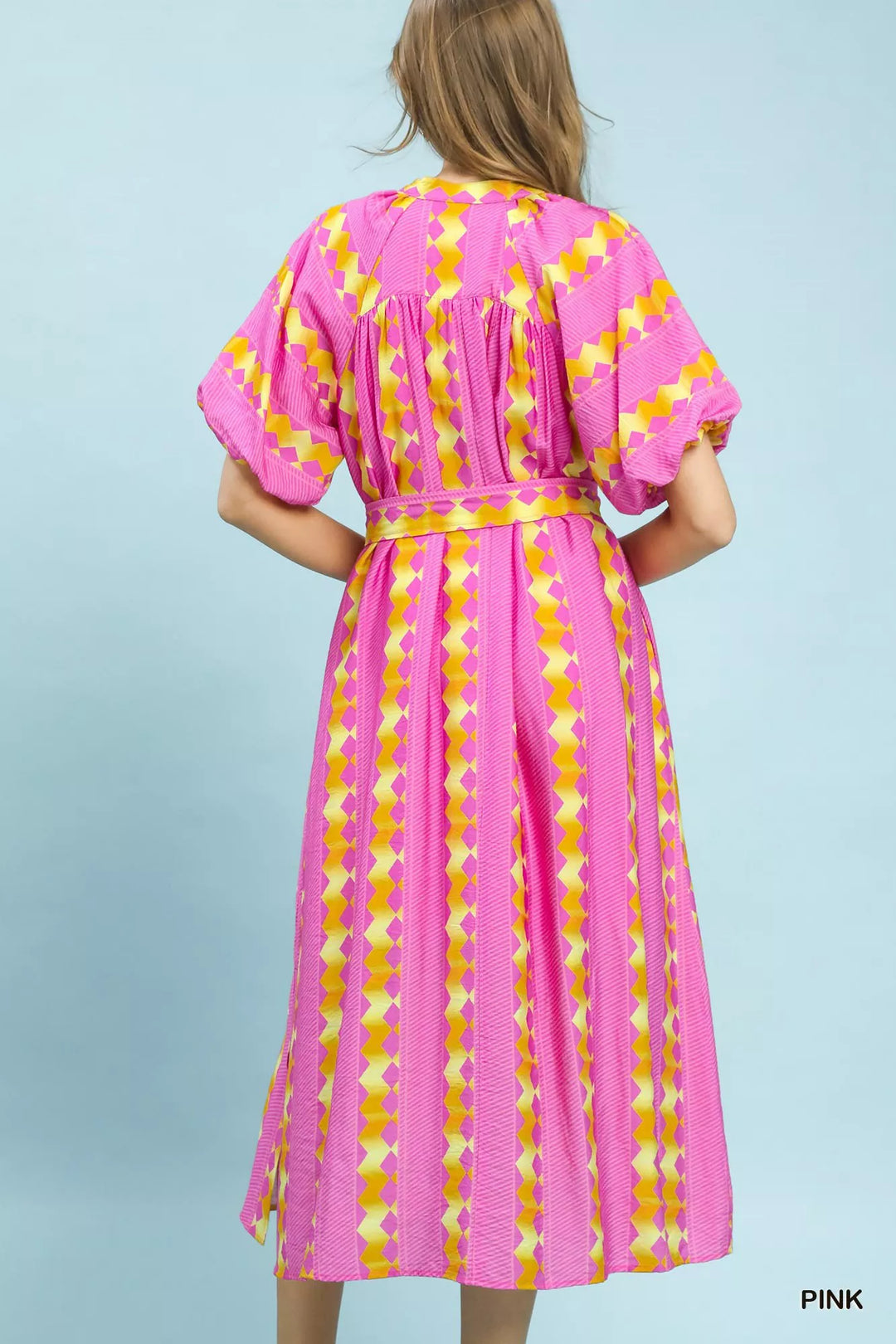 Geometric stripe smocked midi dress with tie waist