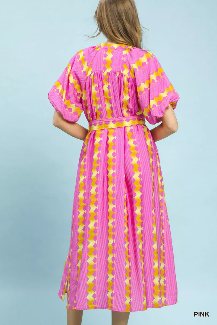 Geometric stripe smocked midi dress with tie waist