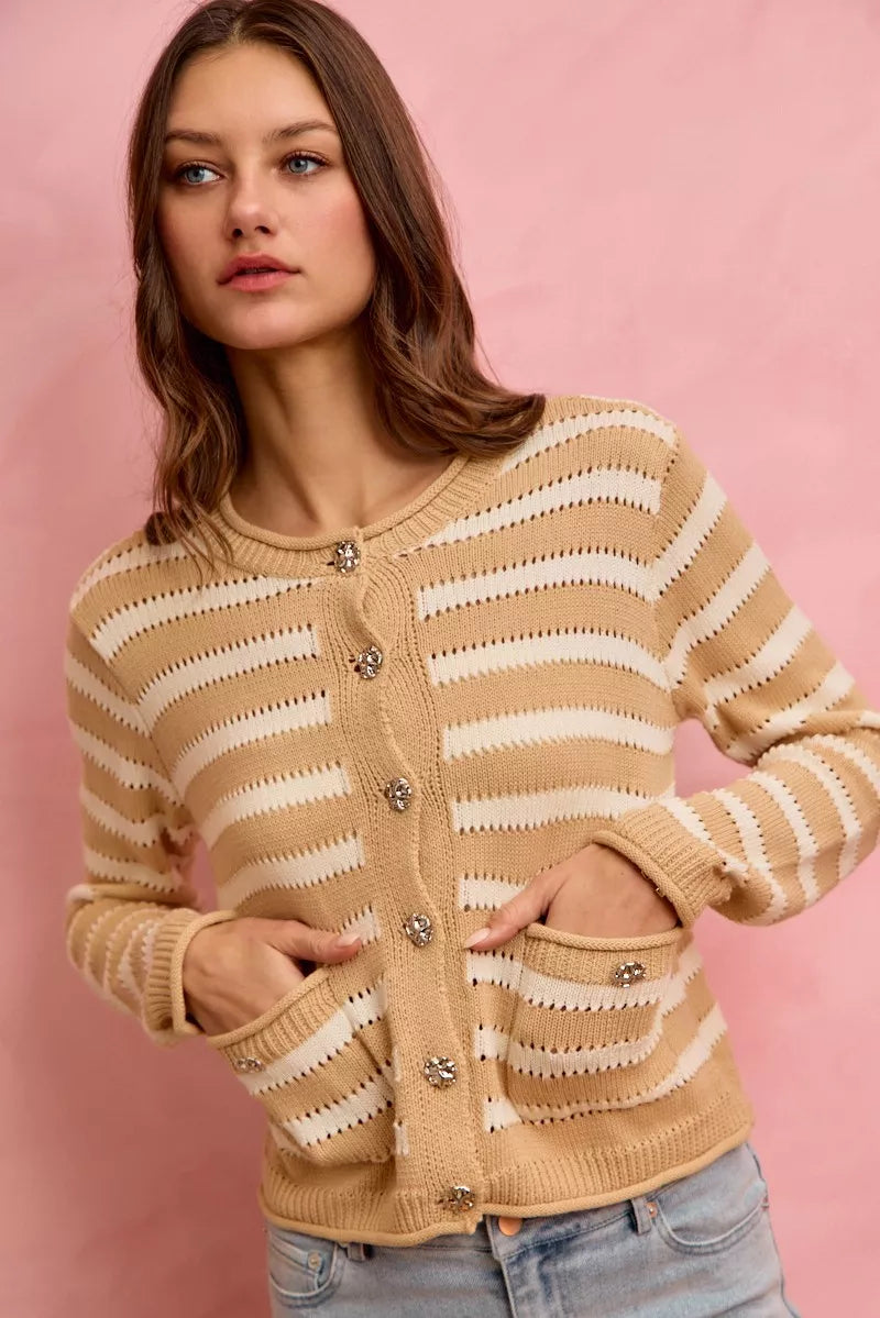 Striped openwork knit cardigan with jeweled buttons