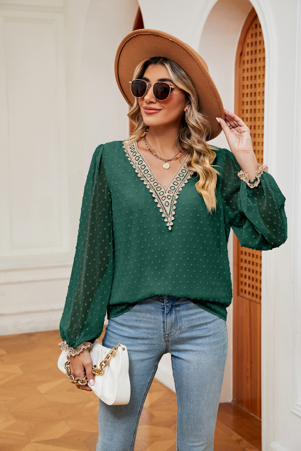 Swiss dot V-neck blouse with crochet lace trim and cuffs