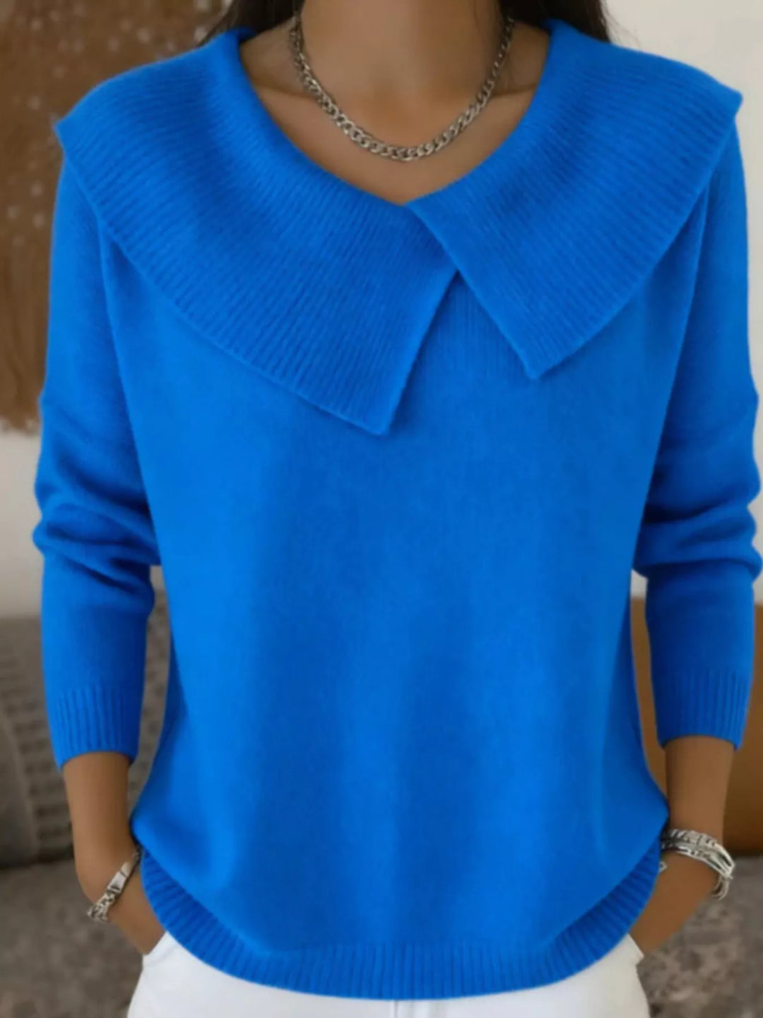 Blue Oversized wide-collar ribbed knit sweater