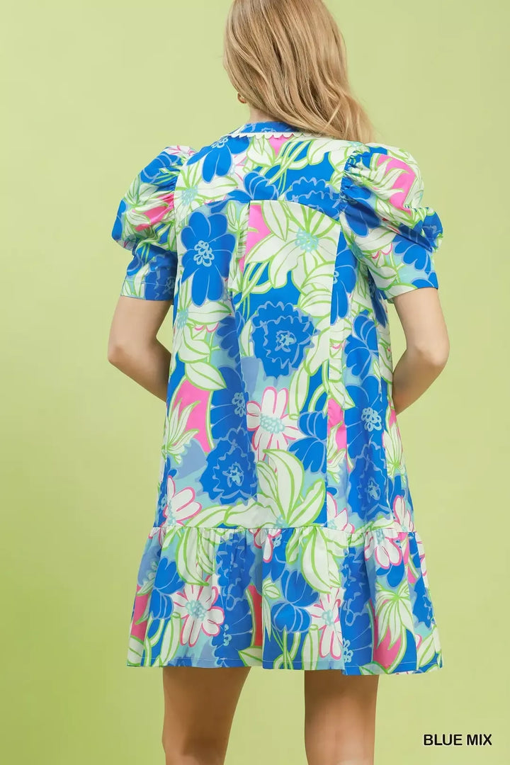 Floral puff sleeve tiered mini dress with split neckline