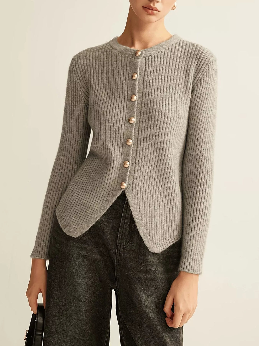 Gray Ribbed knit button-down cardigan with gold buttons