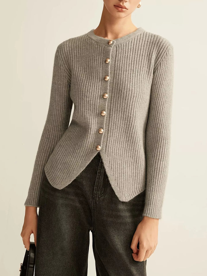 Gray Ribbed knit button-down cardigan with gold buttons