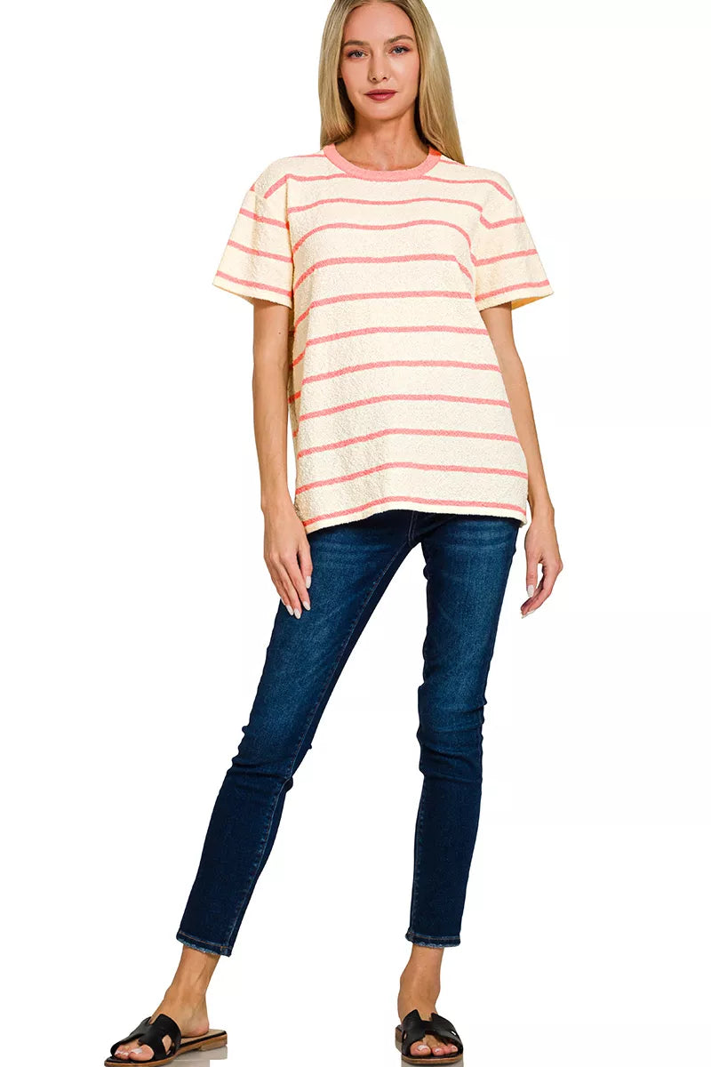 Textured striped short sleeve crew neck tee