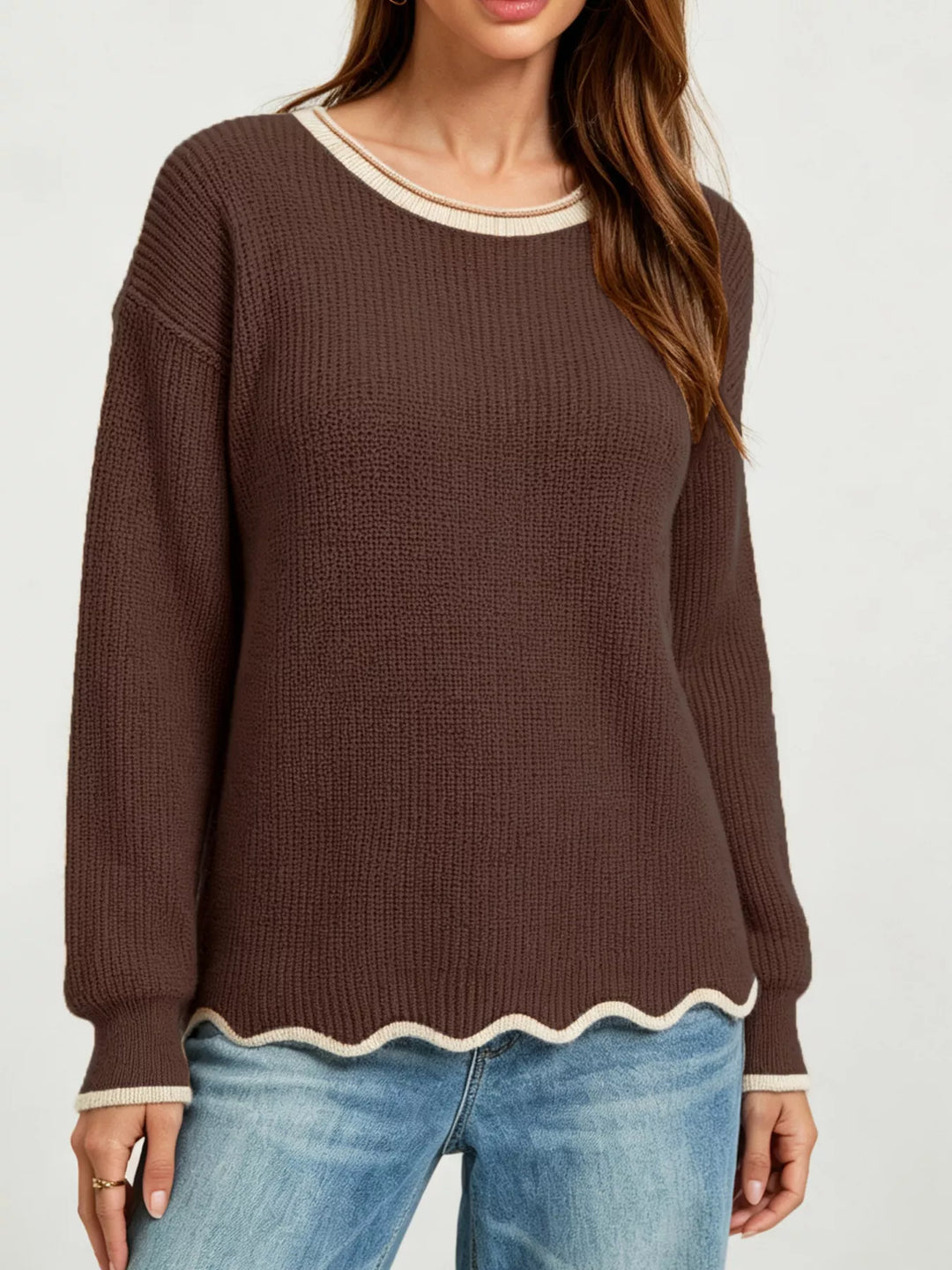 Chocolate Scalloped hem ribbed knit sweater with contrast trim