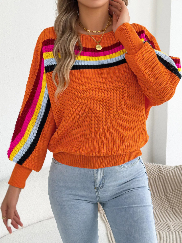 Orange Rainbow stripe ribbed knit boat neck sweater