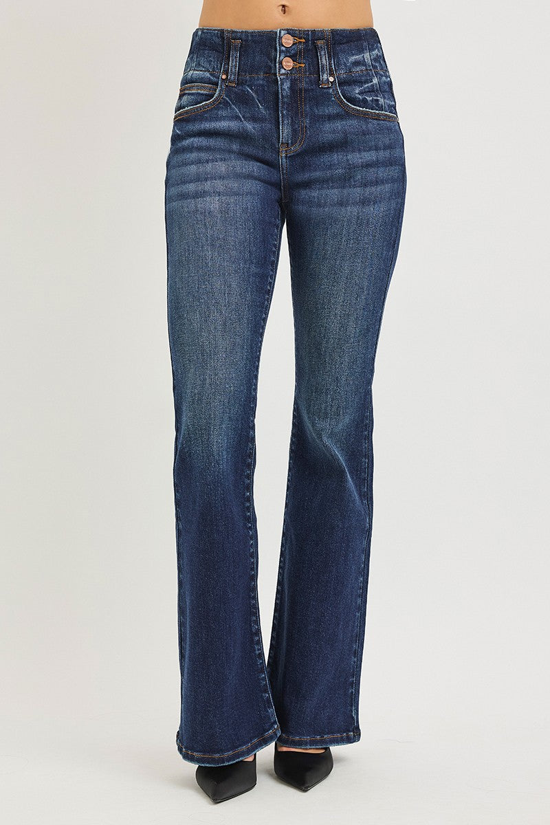 High-rise flare jeans with seam-detail waistband