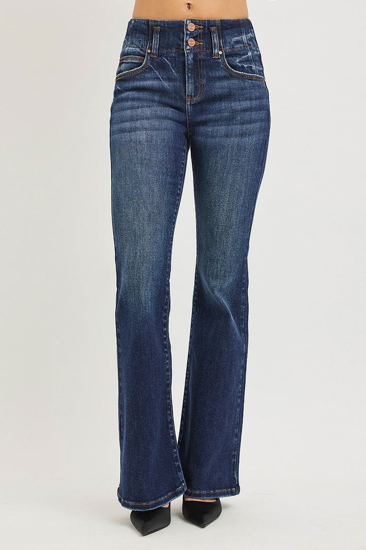 High-rise flare jeans with seam-detail waistband