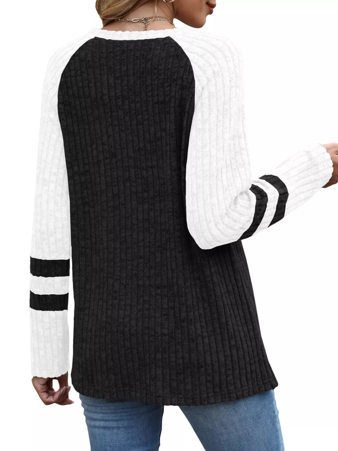 Ribbed knit raglan long sleeve top with varsity stripe sleeves