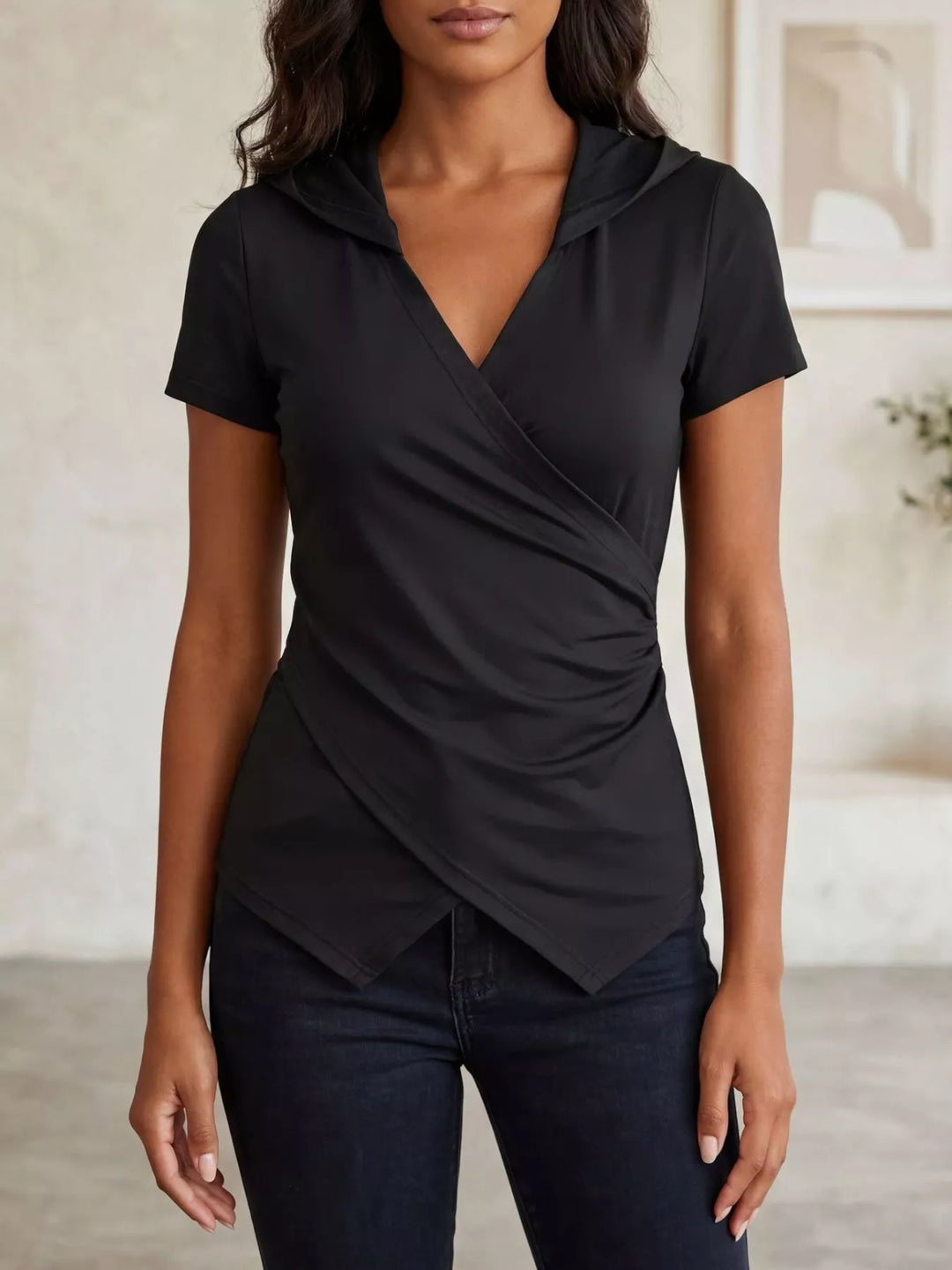 Black Ruched wrap-front hooded top with asymmetric hem