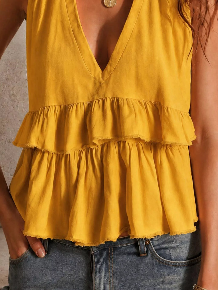 Double-tier ruffle v-neck sleeveless top