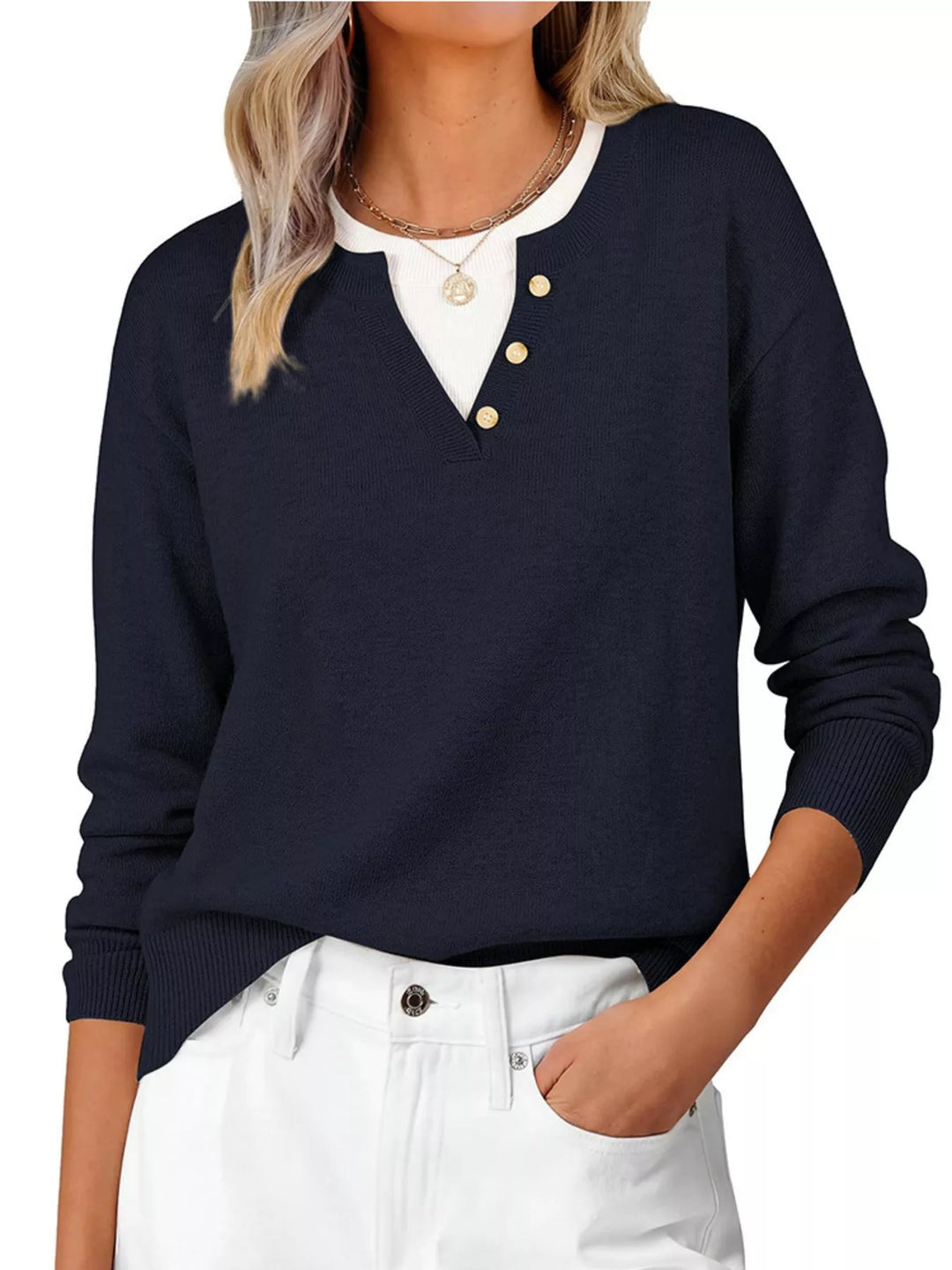 Notch neck button-trim drop shoulder sweater