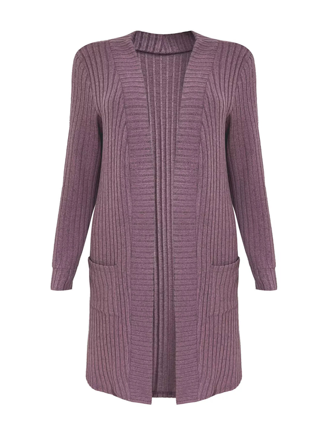 Ribbed knit open-front longline cardigan with pockets