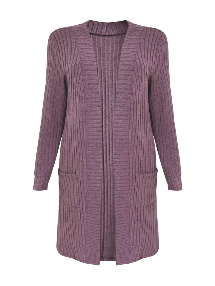 Ribbed knit open-front longline cardigan with pockets