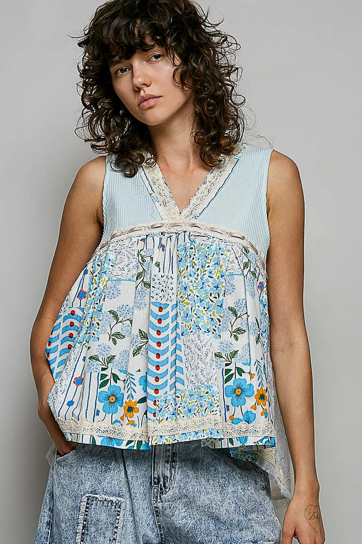 Floral v-neck babydoll tank with lace trim