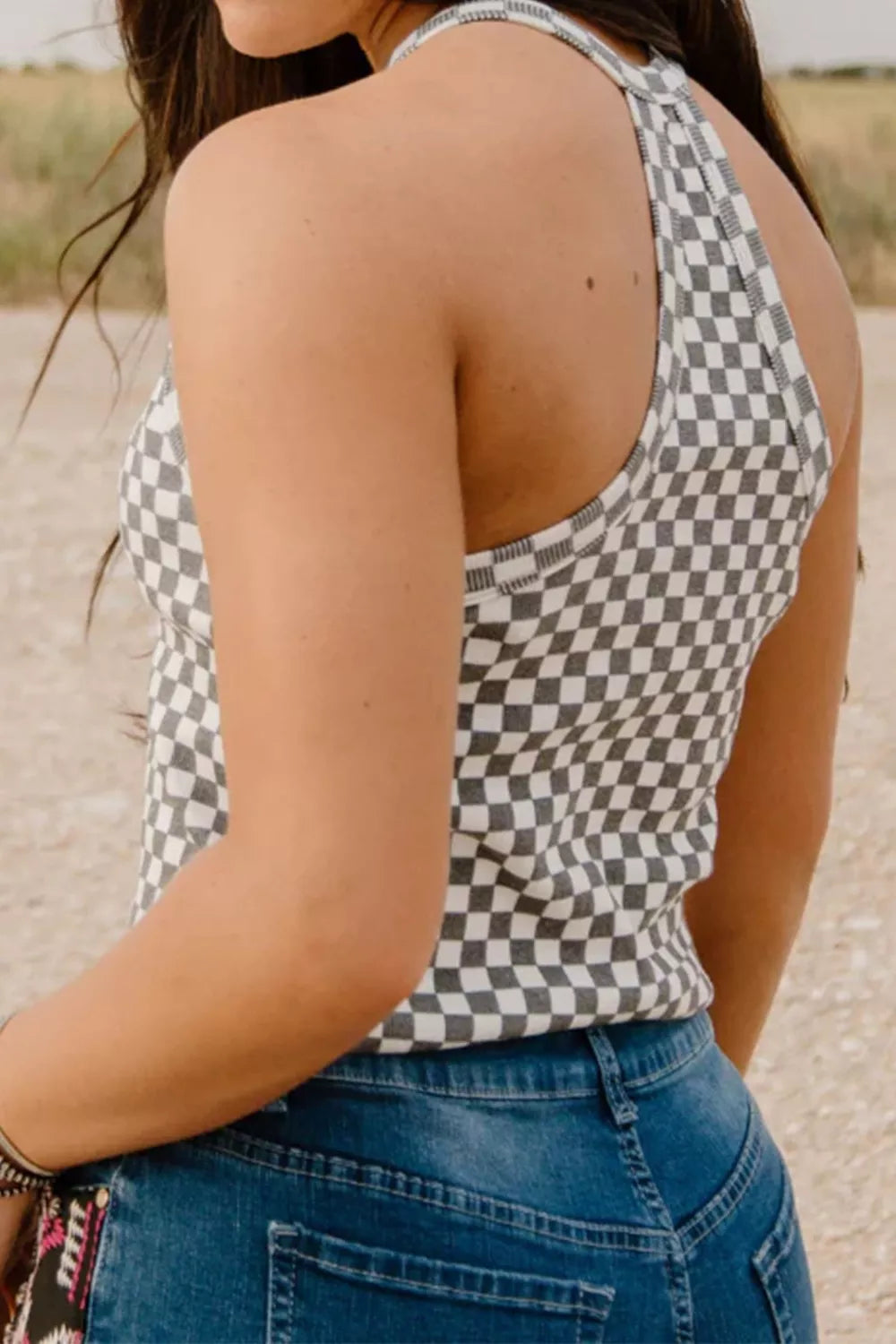 Checkered print textured halter tank top