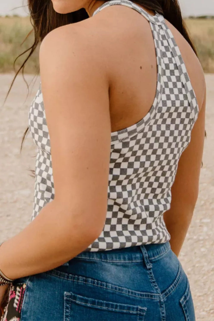 Checkered print textured halter tank top