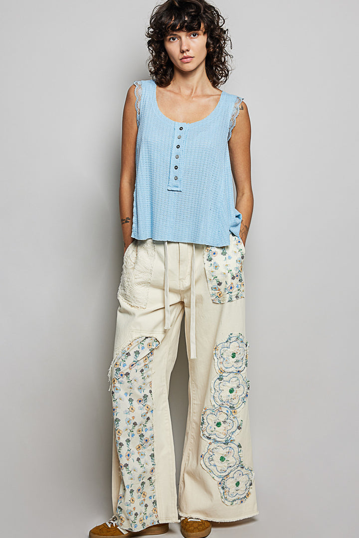 Textured knit tank with lace trim and button placket