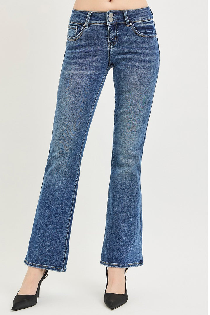 Tummy control low-rise bootcut jeans with double-button waistband