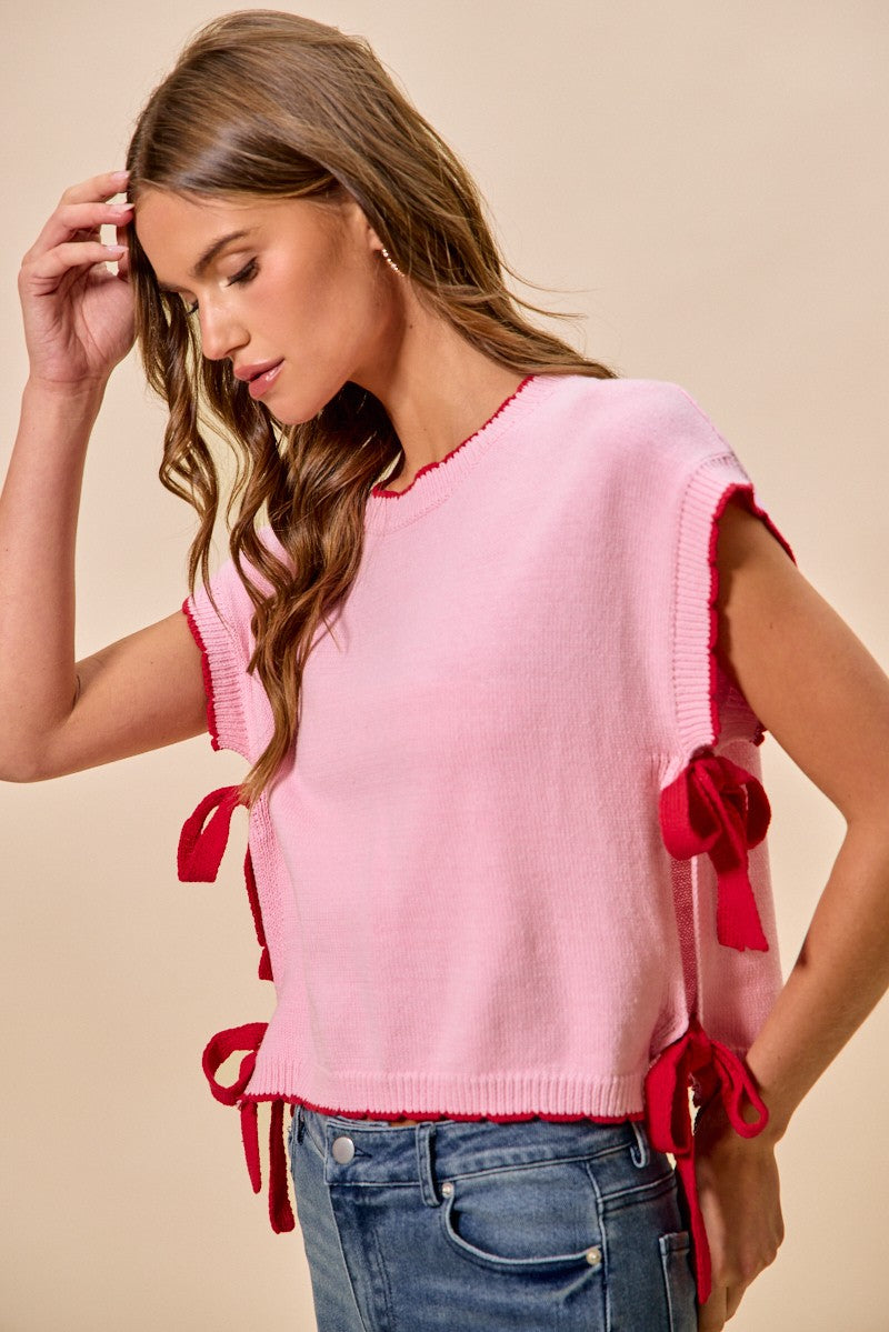 Dolman sleeve knit sweater top with side ribbon ties