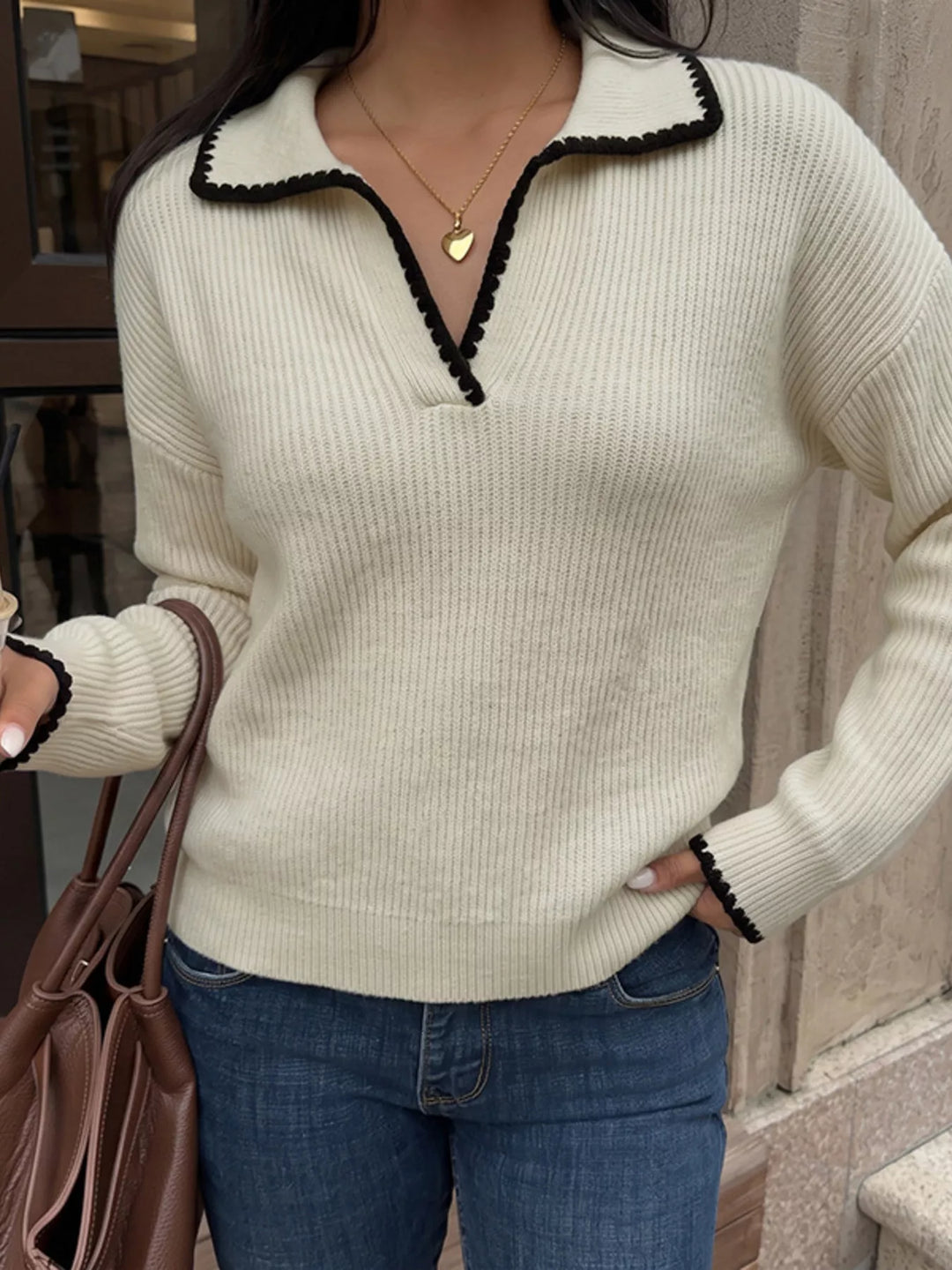 Khaki Contrast trim ribbed knit polo sweater with dropped shoulders