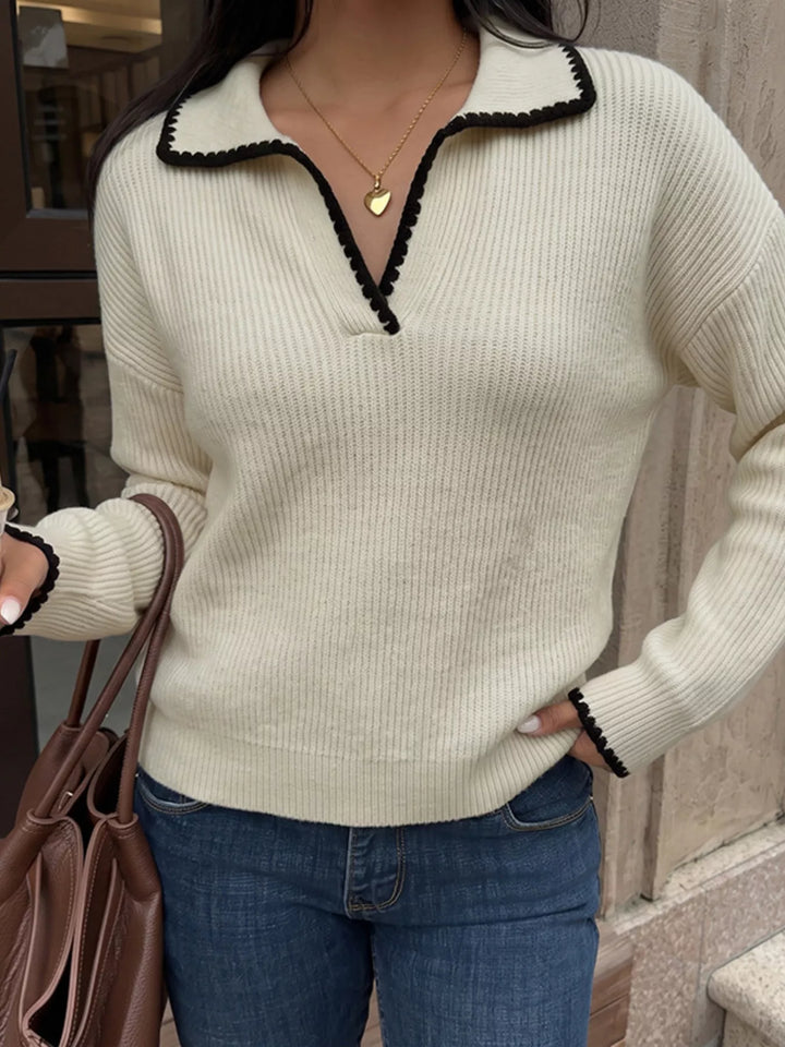 Khaki Contrast trim ribbed knit polo sweater with dropped shoulders