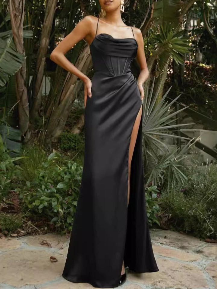Black Satin cowl-neck cami maxi dress with high slit and lace-up back