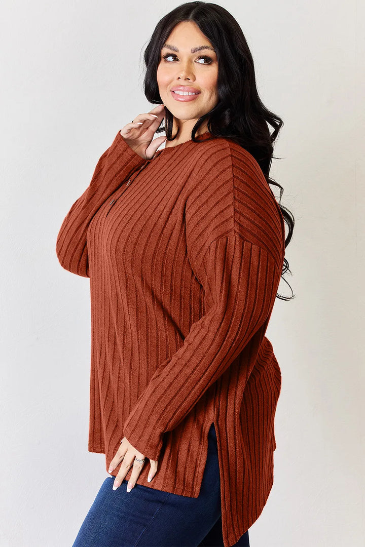 Ribbed knit half-button long sleeve high-low top