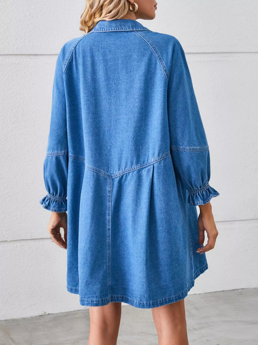 Button-front ruffle cuff mini denim shirt dress