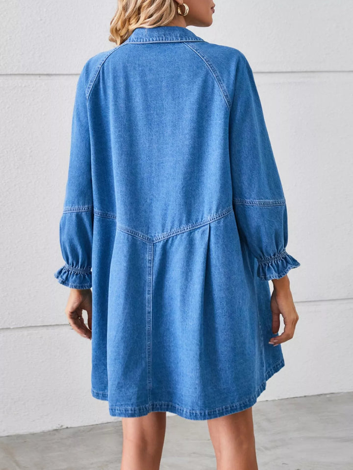 Button-front ruffle cuff mini denim shirt dress