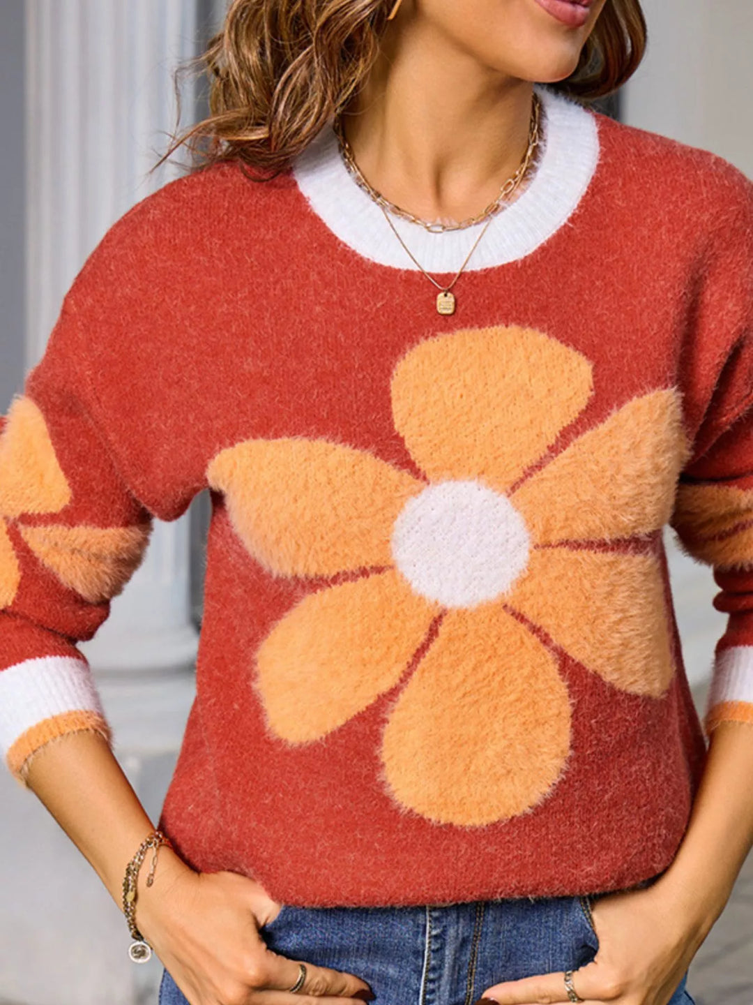 Fuzzy knit floral crew neck sweater with contrast trim
