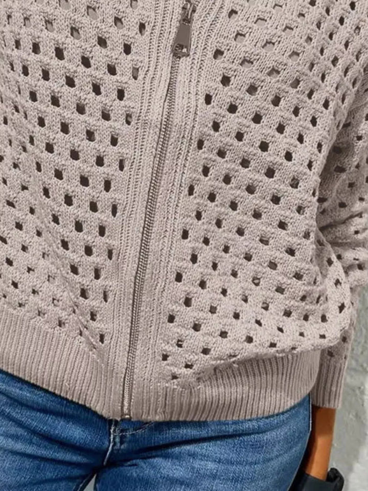 Open-knit zip-up bomber cardigan with ribbed trim