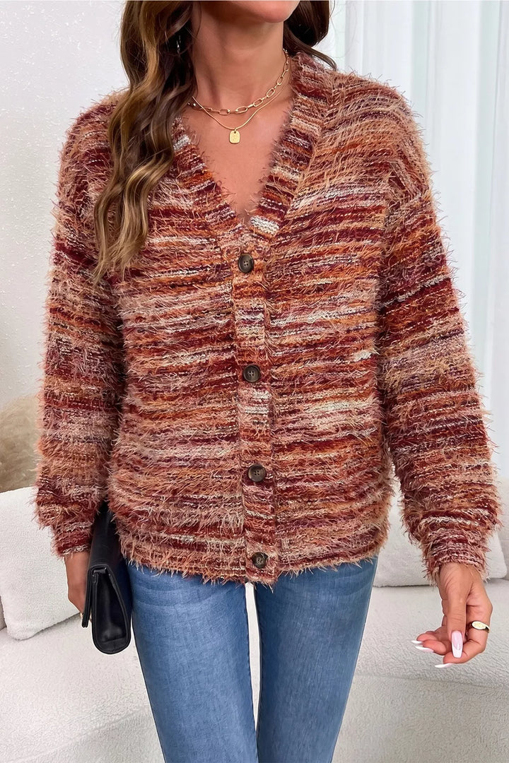 Fuzzy space-dye striped button-front cardigan sweater