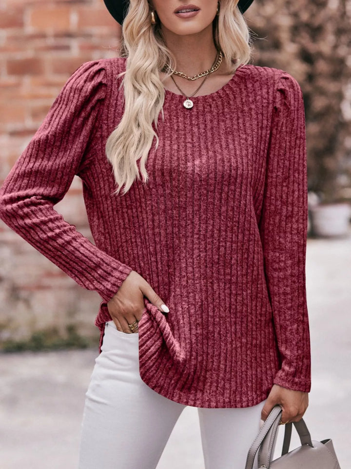 Ribbed knit long sleeve top with puff shoulders