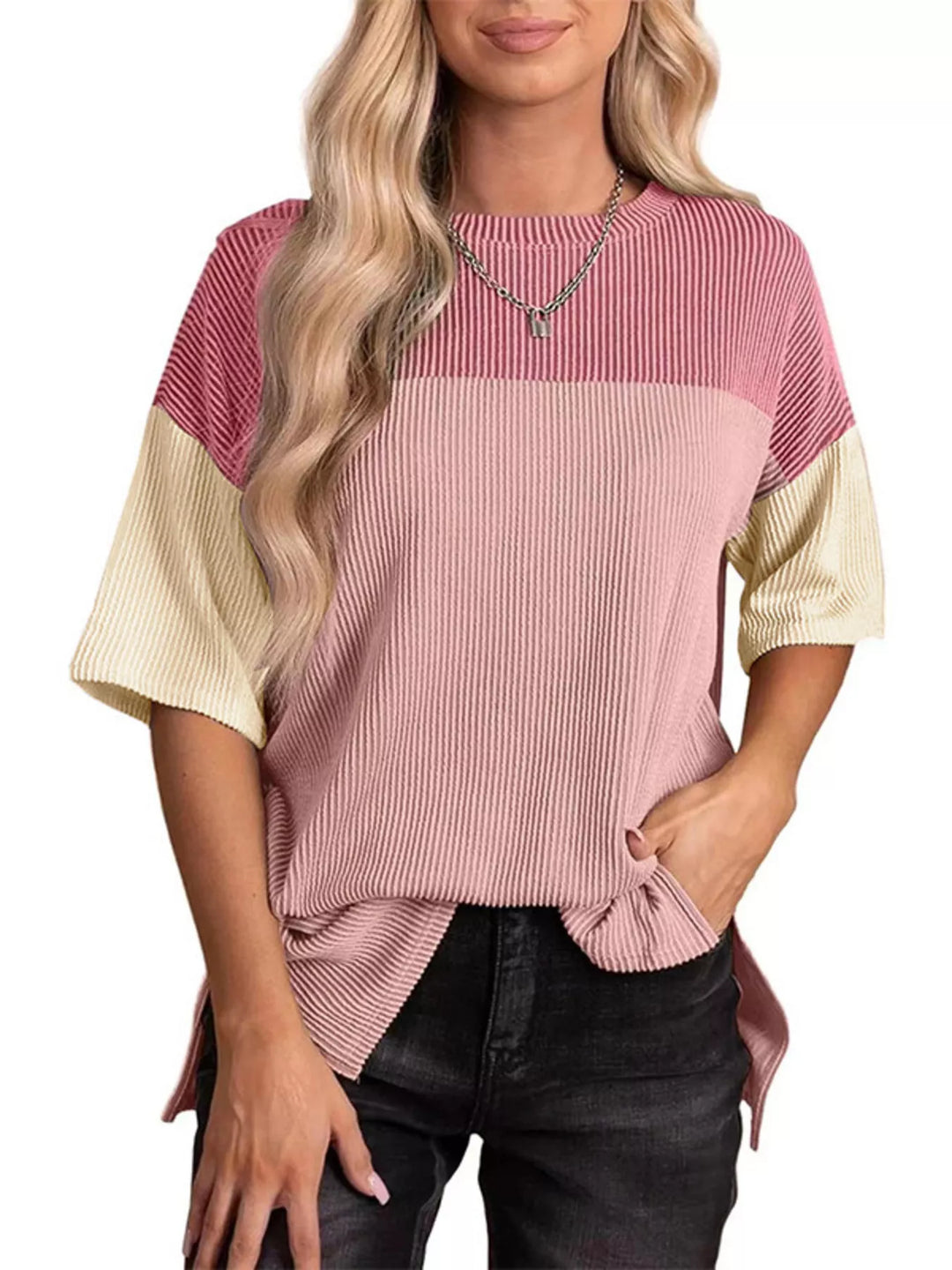 Pink Ribbed color block short sleeve top with side slits