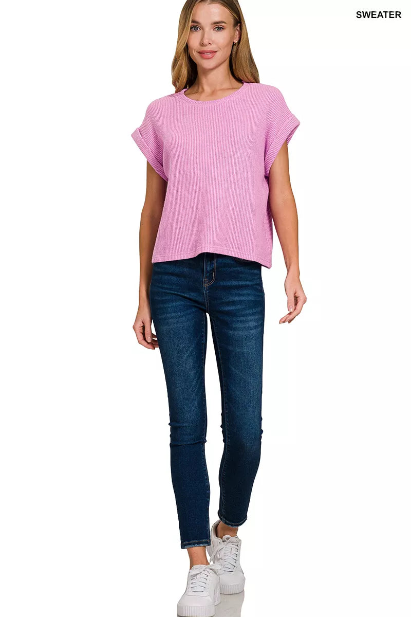 Waffle knit boxy crew neck top with cuffed sleeves