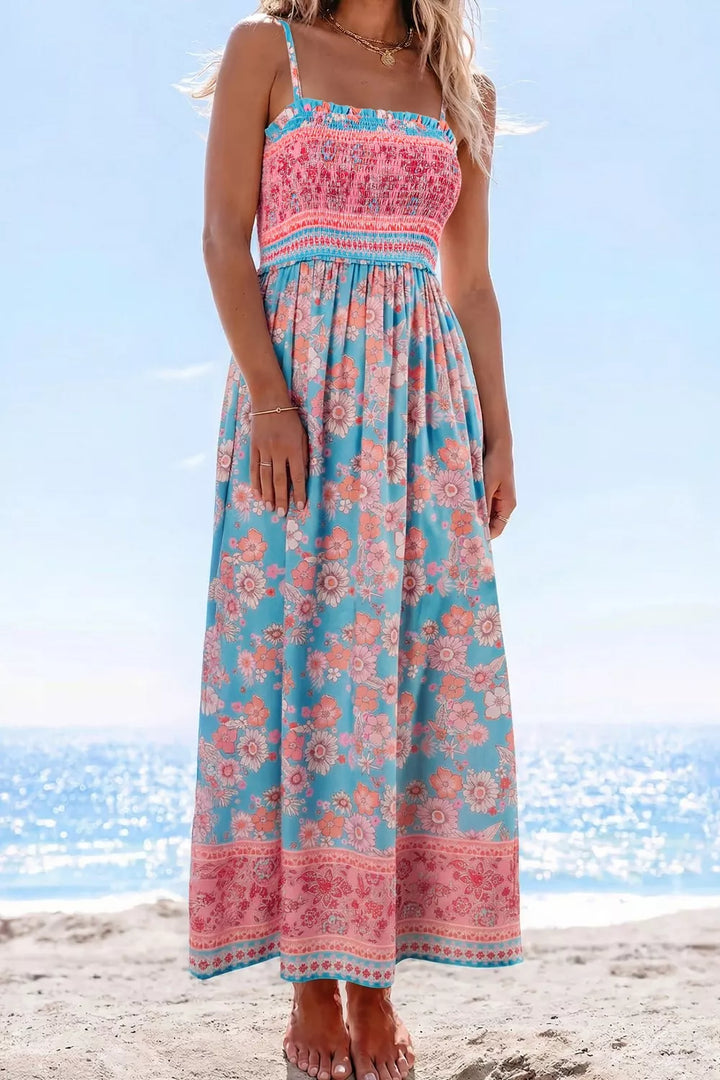 Floral Bohemian floral print smocked spaghetti strap maxi dress