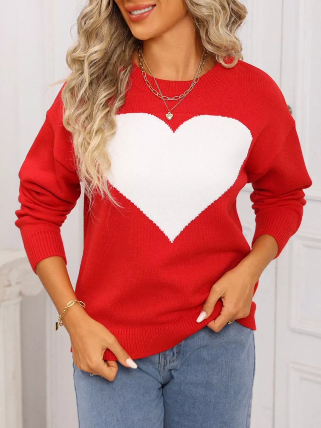 Red Heart intarsia dropped-shoulder crewneck sweater